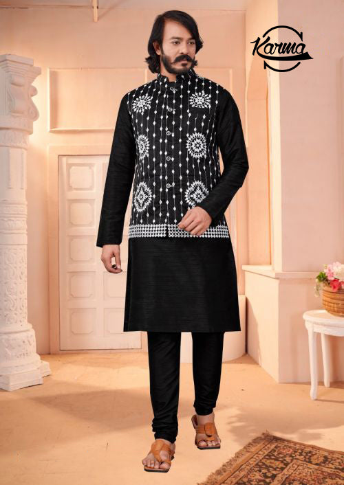 Ethnic Black Kurta Pajama with waistcoat - KarmaOnline