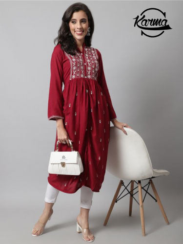 Women Embroidery A-line Flared Kurta - KarmaOnline