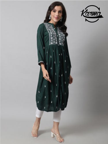 Women Embroidery A-line Flared Kurta - KarmaOnline