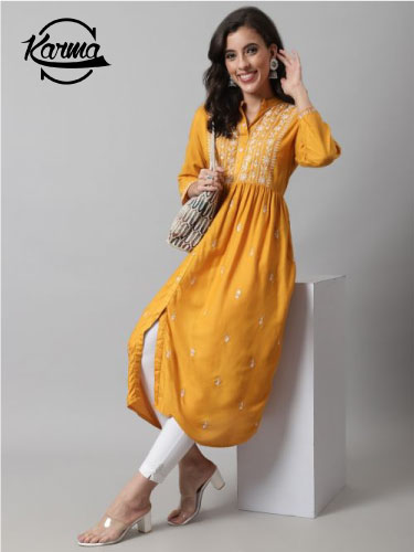 Women Embroidery A-line Flared Kurta - KarmaOnline