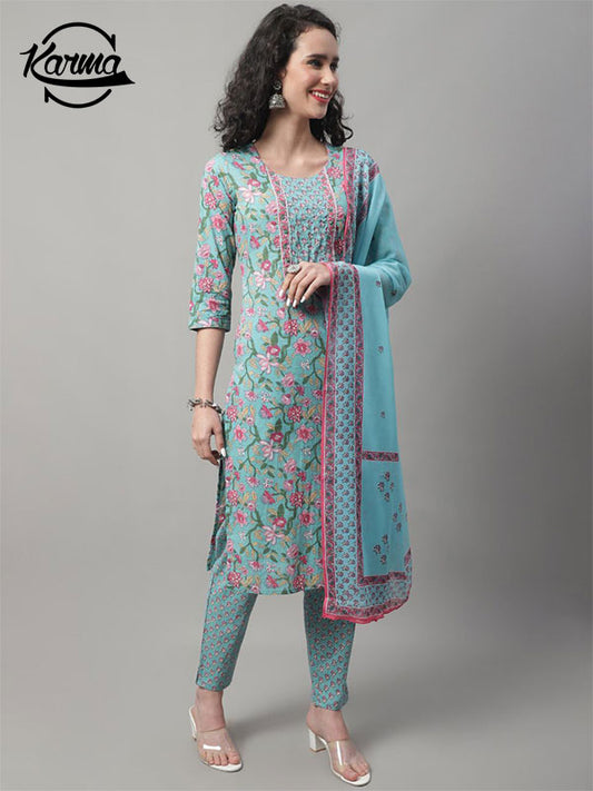 Sky Blue Lawn Printed Chiffon Dupatta Suit Set - KarmaOnline