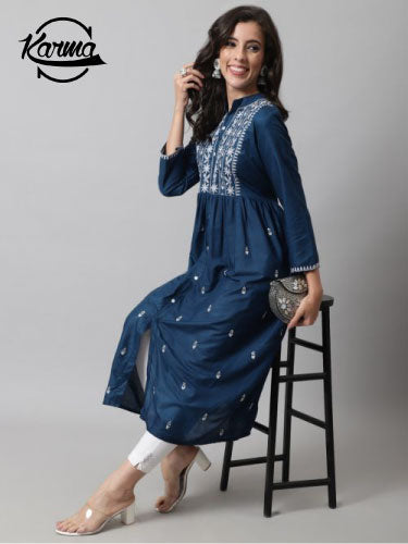 Women Embroidery A-line Flared Kurta - KarmaOnline