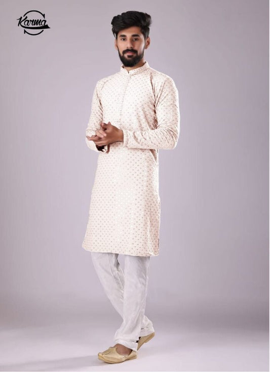 Off White Chikankari Embroidered Kurta & Pajama - KarmaOnline