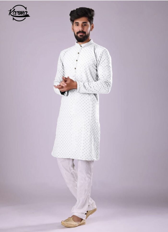 White Chikankari Embroidered Kurta & Pajama - KarmaOnline