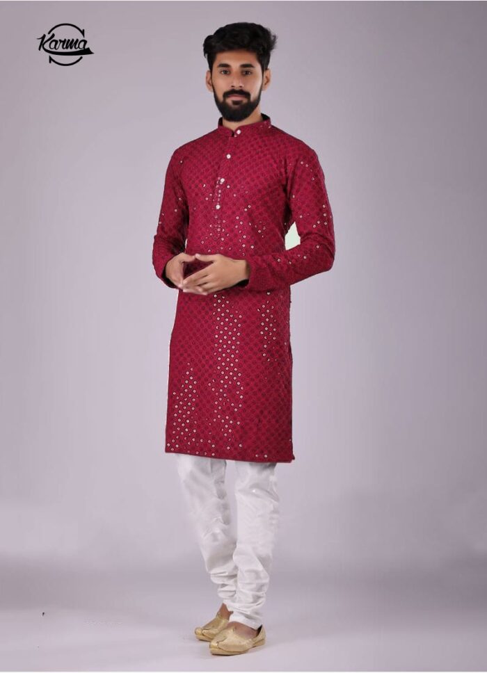 Red Chikankari Embroidered Kurta & Pajama - KarmaOnline