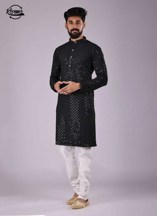 Black Chikankari Embroidered Kurta & Pajama - KarmaOnline