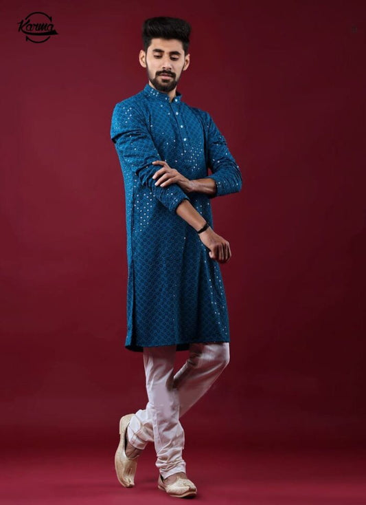 Blue Chikankari Embroidered Kurta & Pajama - KarmaOnline