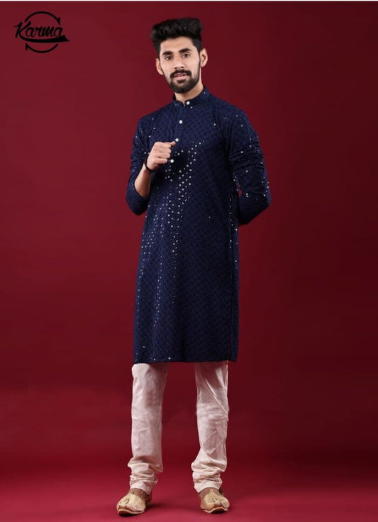 Blue Chikankari Embroidered Kurta & Pajama - KarmaOnline