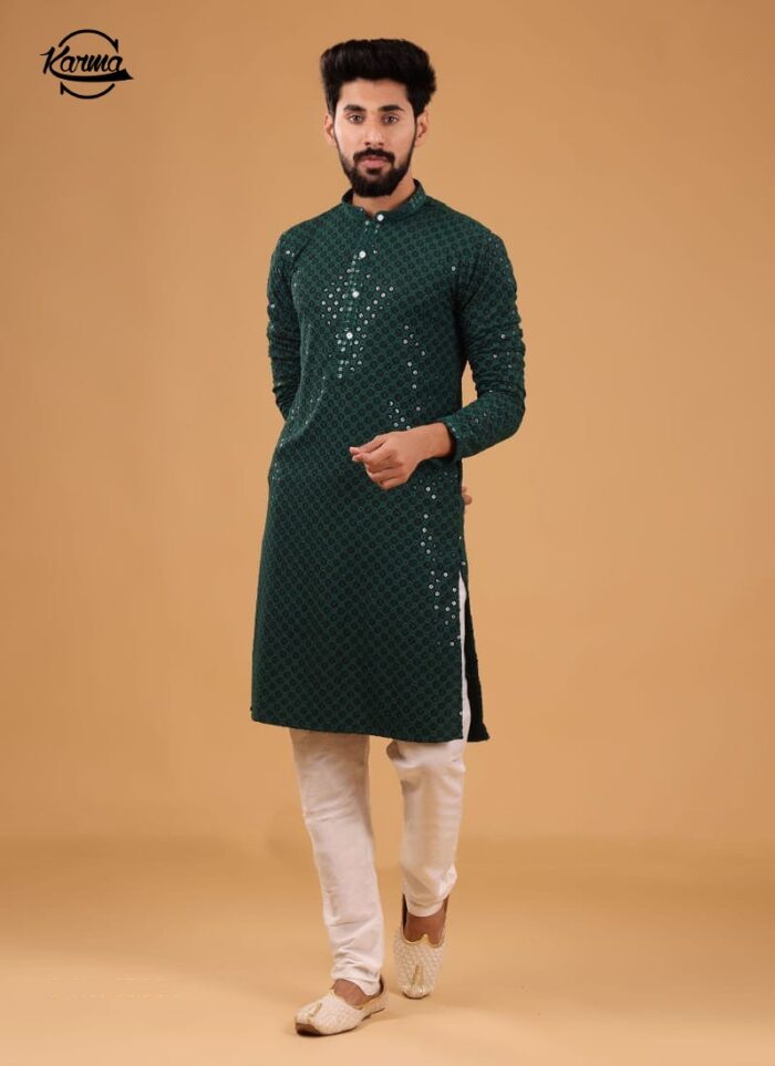 Green Chikankari Embroidered Kurta & Pajama - KarmaOnline