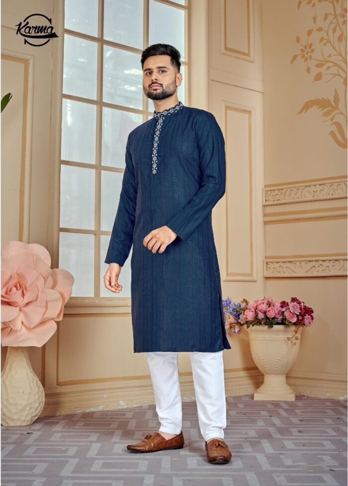 Men's Navy Blue Blended Special Kurta & Pajama - KarmaOnline