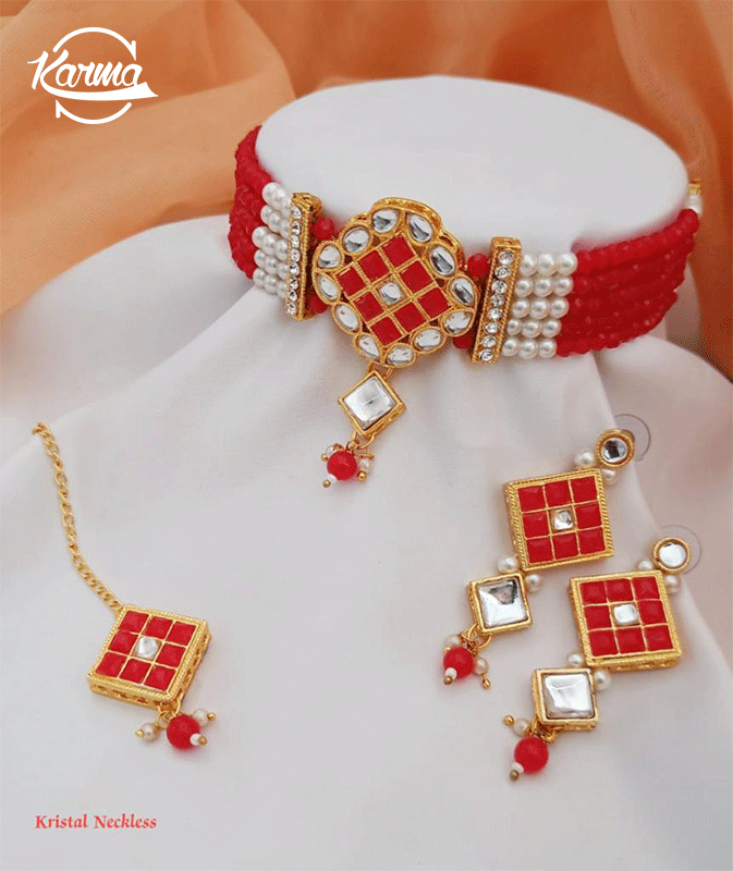 Red Crystal Pearl Necklace Set - KarmaOnline