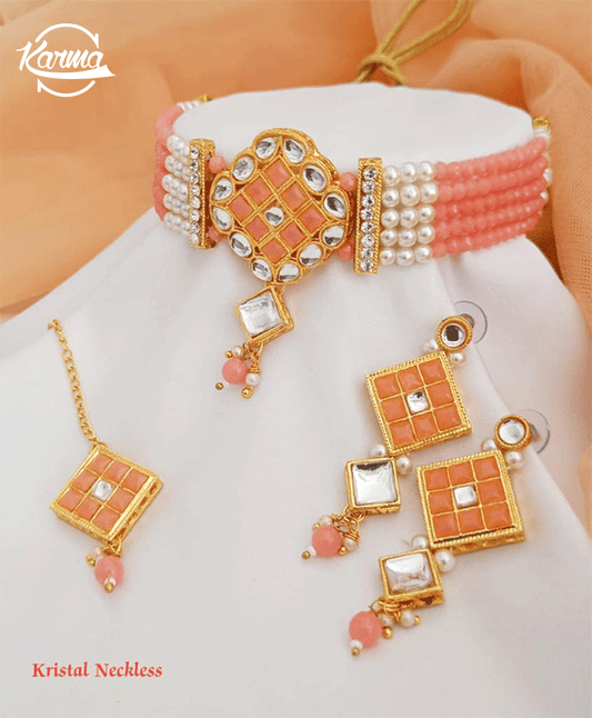 Peach Crystal Pearl Necklace Set - KarmaOnline