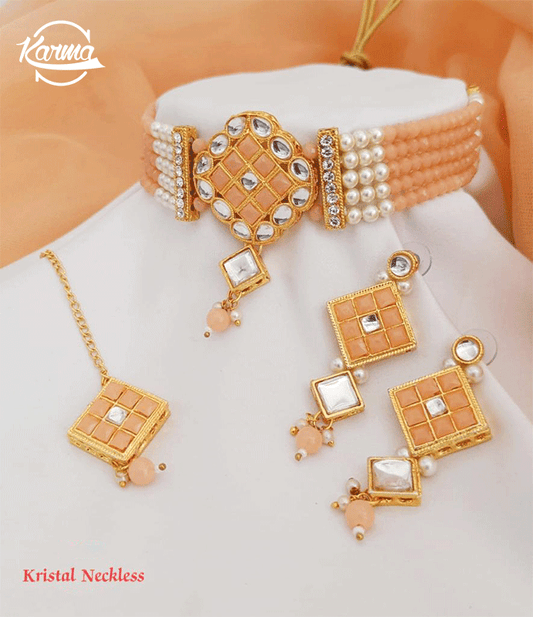 Light Peach Crystal Pearl Necklace Set - KarmaOnline