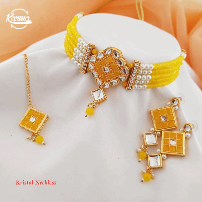 Yellow Crystal Pearl Necklace Set - KarmaOnline